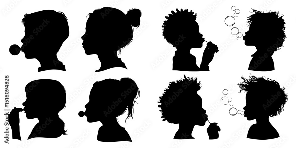 An illustration of 4 sets of silhouettes of children blowing bubbles isolated on a white background An illustration of 4 sets of silhouettes of children blowing bubbles isolated on a white background