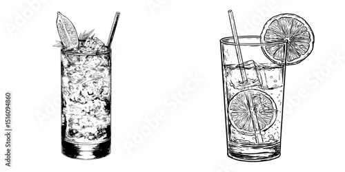 A monochrome modern drawing depicts glass with alcohol or juice, garnished with a piece of lemon and straw, resembling lemonade or soda
