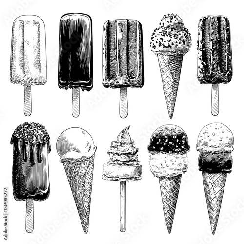 A modern set of ice cream engravings features frozen popsicle treats in various flavors, including vanilla, chocolate, coffee, pistachio, mint, and caramel, served in cones with sticks and different