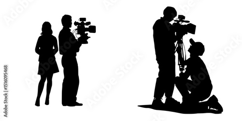 A modern news reporter and cameraman in silhouette form isolated on a white background