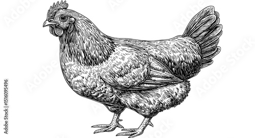 The artwork depicts a chicken and hen in a beautiful, old-school style sketch, with bold lines and intricate details, set against a clean white background
