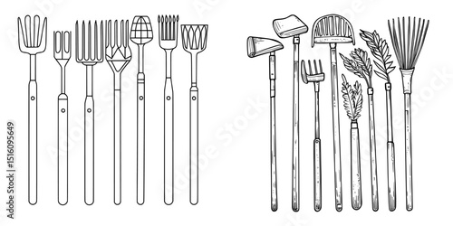 The illustration of a garden tool rake is created in doodle style, representing gardening as a hobby, complete with mini pitchforks in modern line art