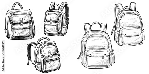 A set of school backpacks and a cross-body bag for carrying books, depicted in black on a white background, is illustrated in a hand-drawn, modern sketch style with doodle and engraved vintage line