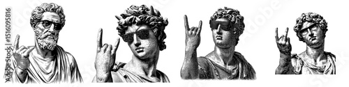 A classical statue is depicted wearing sunglasses and giving a rock hand gesture, symbolizing horns, in a sketch engraving created by generative AI as a fictional character in a modern illustration,