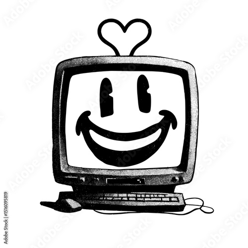 A funky computer character from a cartoon, with a retro and funny face, symbolizing 70s comic art, is illustrated with a groovy retro PC that has a keyboard and a smiling face appearing on its screen