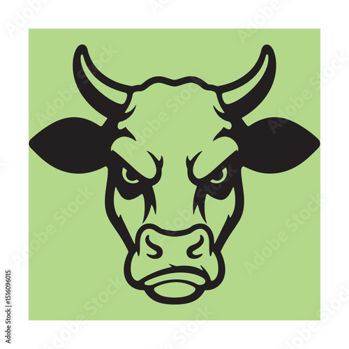 Bold vector illustration of an angry cow head in black and green isolated design