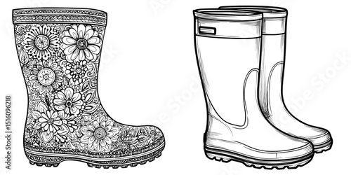 Line art drawing of a rubber boot doodle outline for coloring book page