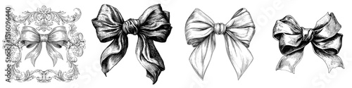 Retro classic artistic contour decoration featuring an elegant fabric accessory in the form of a decorative bow ribbon rendered in vintage monochrome illustration style as a hand drawn engraving