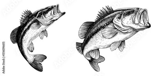 The illustration features a bass fish in a contemporary hand-drawn style, utilizing a monochrome design to convey a fishing concept, all set against a minimalist backdrop isolated on white