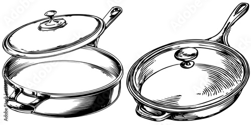 The illustration features a vintage skillet, including its lid and handle, rendered in black and white