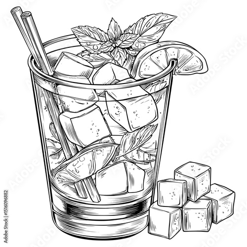 A modern illustration of a revitalizing herbal beverage with sugar cubes, perfect for innovative packaging and tattoo art
