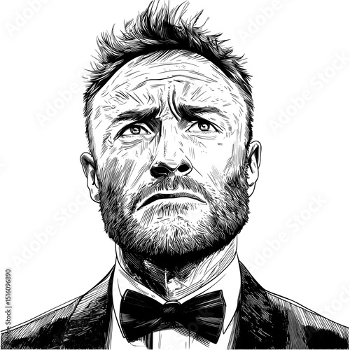 Black and white line art drawing ink sketch depicts a sad man with tears in his eyes as a modern hand drawn illustration on background