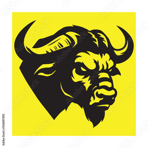Fierce bison head vector graphic depicting strength and tenacity on a yellow background