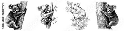 Modern retro hand drawn illustration of a koala climbing a tree in detailed form