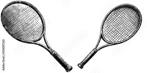 Modern drawing of a tennis racket in monochrome ink, created in an engraving style illustration