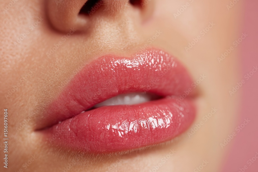 Obraz premium Close-up of a woman's glossy pink lips with smooth makeup and flawless skin texture