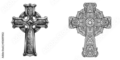 A black ink sketch of a Celtic cross, an old Christian symbol adorned with traditional Irish, Scottish, Gaelic, and Welsh ornaments and patterns, is a popular cult crucifix tattoo design featuring