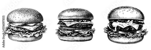 A classic cheeseburger with lettuce is depicted in a vintage black and white illustration