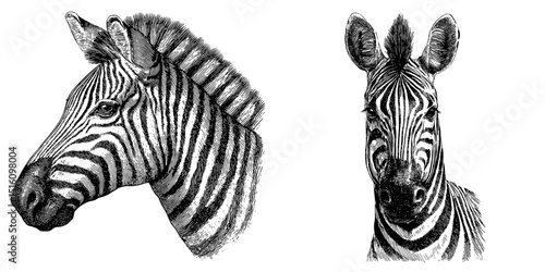 A zebra depicted in a modern monochrome ink sketch with an engraving style illustration
