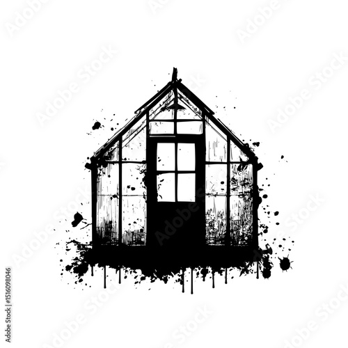 The illustration features a monochrome greenhouse with a distressed, dripping spray effect applied