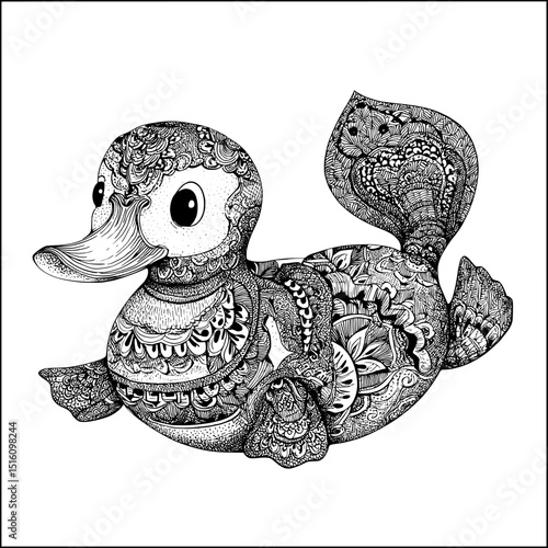 Modern hand drawn illustration of a platypus created with ink in a line art drawing style set against a background