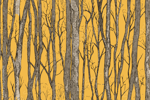 An illustration of a dense forest in brown and yellow tones, rendered as an engraving with detailed line work and cross-hatching for texture.Seamless Hunting Camouflage Pattern for outdoor activities.