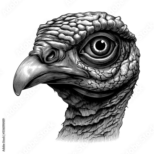 Black and white outline of a turkey, rendered in a vintage line art style with scratch board imitation on white