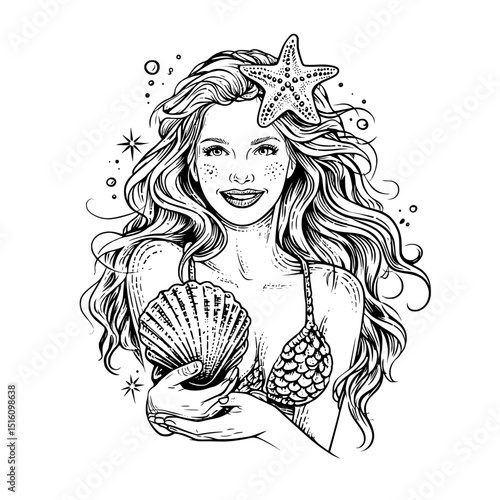 Mystic Mermaid with a Shell is a monochrome illustration featuring a radiant mermaid adorned with a starfish and delicately holding a seashell