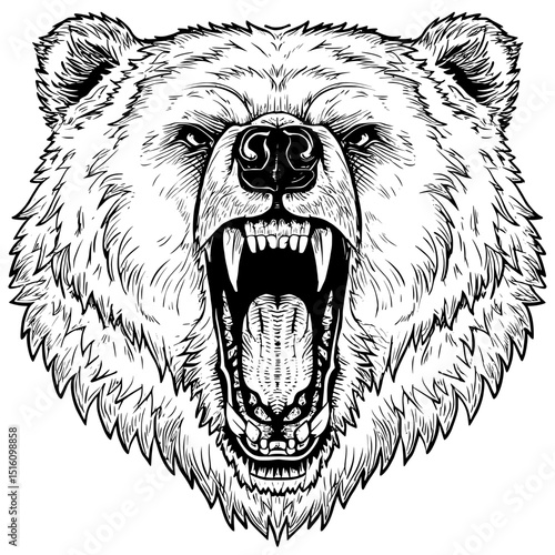 An intricate engraving shows a ferocious bear with open mouth and extended claws