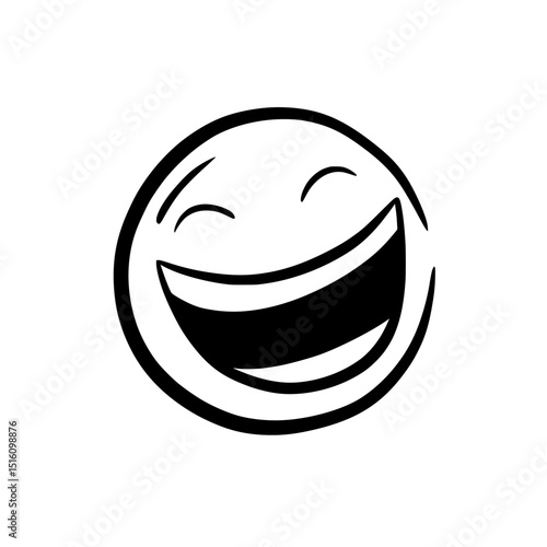 Simple line art depiction of a smiling face emoji featuring shut eyes and a wide smile set against a plain backdrop