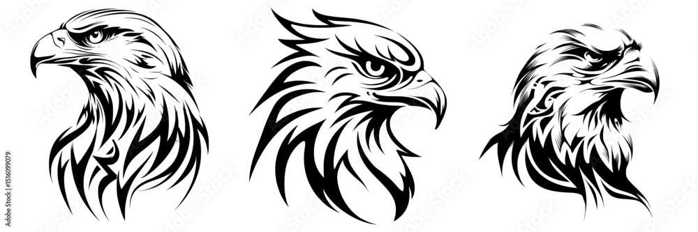 A stylized illustration of an eagle's head is depicted in a bold tribal tattoo style with eagles having sharp features A stylized illustration of an eagle's head is depicted in a bold tribal tattoo style with eagles having sharp features