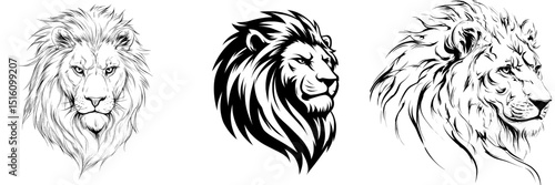 A bold monochrome illustration of a lion's head showcases its powerful gaze and majestic mane in striking line art
