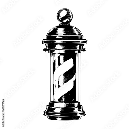 A vintage line art style illustration of a barber pole is presented in a black and white outline, with a scratch board effect on a white background