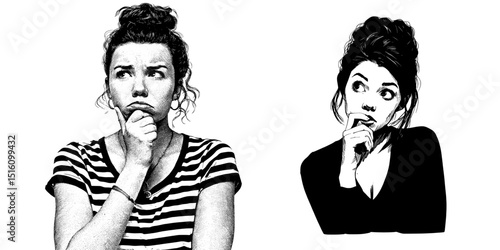 A black and white sketch captures the image of a pensive woman, her hair arranged in an updo, with her hand positioned beneath her chin