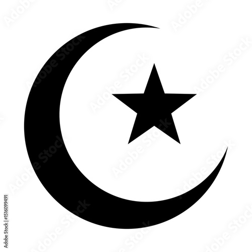 Crescent, moon, star Islamic symbol in black color on white background flat style. Islamic flag symbol. Halfmoon with star silhouette, Muslim religion sign. Vector illustration.