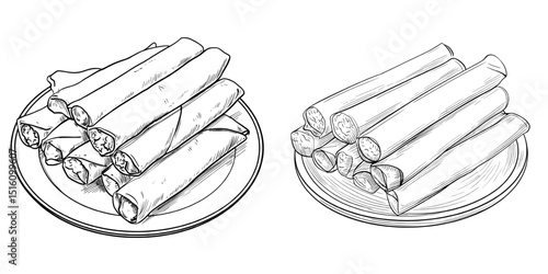 Illustration of lumpia spring rolls stacked on a round plate, a traditional Indonesian snack, rendered in line art