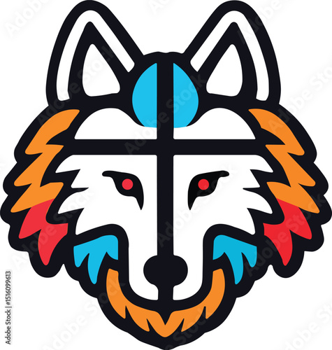 Vector illustration depicts a stylized wolf's head with a unique design featuring a cross on its forehead and colorful abstract fur patterns in orange red and blue