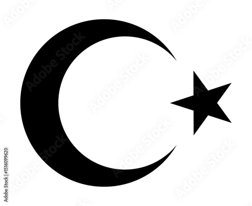 Crescent, moon, star Islamic symbol in black color on white background flat style. Islamic flag symbol. Halfmoon with star silhouette, Muslim religion sign. Vector illustration.