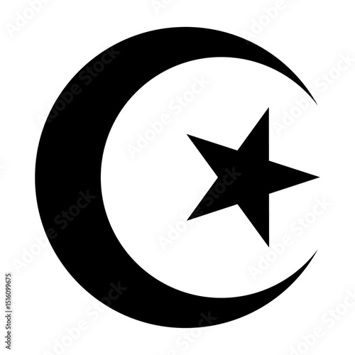 Crescent, moon, star Islamic symbol in black color on white background flat style. Islamic flag symbol. Halfmoon with star silhouette, Muslim religion sign. Vector illustration.