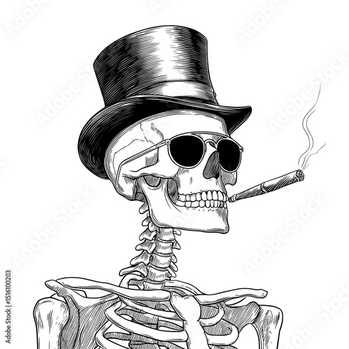 A black and white outline sketch engraving of a skeleton wearing a top hat, sunglasses, and holding a cigar in its mouth is illustrated in vintage line art style, utilizing a scratch board imitation