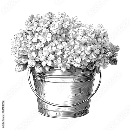 In a vintage line art style, a mop and bucket are illustrated on a white background with a black and white outline, mimicking the appearance of a scratch board engraving