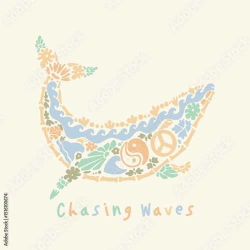 A creative Illustration of ocean objects forming a whale swimming in the sea perfect for marine life, ocean conservation, aquatic themed, summer themed, tshirt, stickers design 