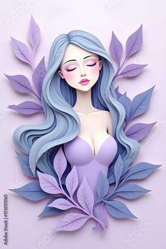 Serene Portrait of a Woman with Lavender Hues: A woman with flowing blue hair surrounded by lavender leaves exudes tranquility and elegance, a study in ethereal beauty.