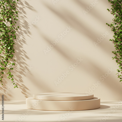 Minimalist Display with Ivy Accents: A clean, two-tiered platform stage bathed in sunlight, framed by cascades of lush green ivy vines, inviting attention to the space.