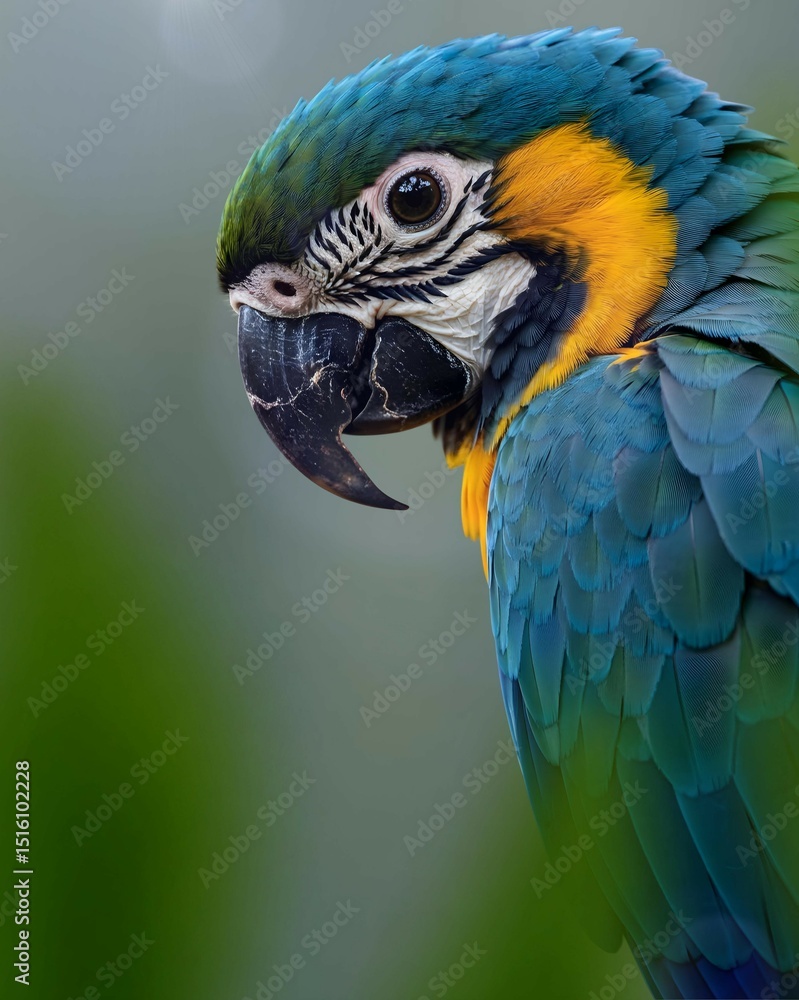 Fototapeta premium Close up portrait of Blue-and-yellow Macaw with bright blue and yellow feathers. Showing sharp details of face and beak. The beauty of tropical parrots