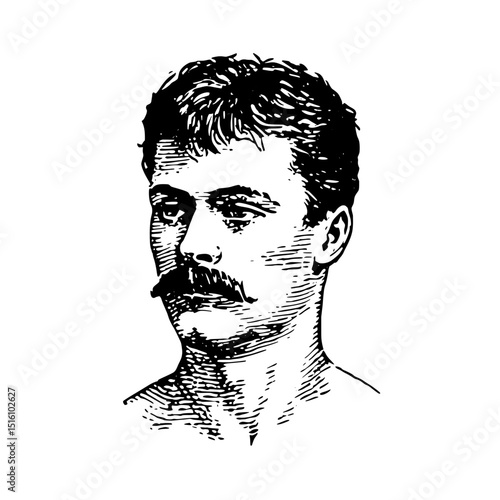 A muscular man with a mustache is depicted in a vintage woodcut style illustration