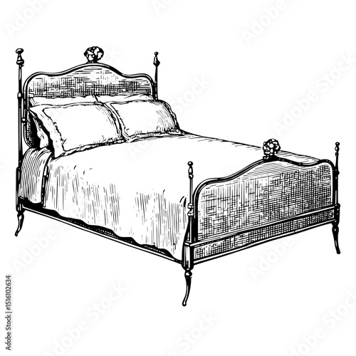 Vintage woodcut illustration featuring a classic bed design