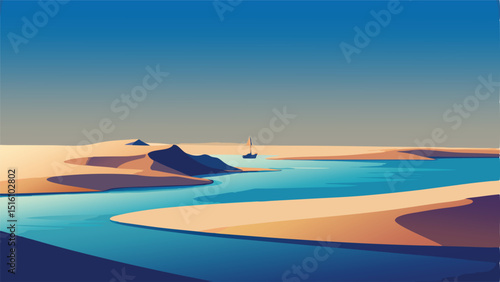 Illustration of pier on lake with mountain and clouds backdrop