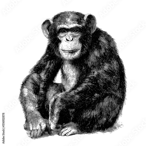A chimpanzee sketch is rendered in black and white outline as a scratch board imitation