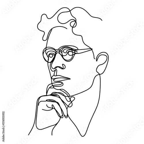 A profile with glasses is shown in a contemplative state within a minimalist sketch that includes copy space